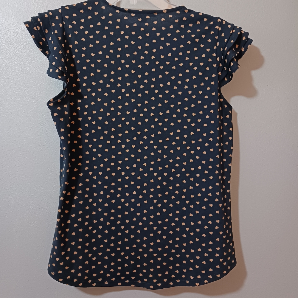 Adrianna Papell V-Neck Flutter Sleeve Navy and Tan Heart Polka Dot Blouse Small - Picture 5 of 5